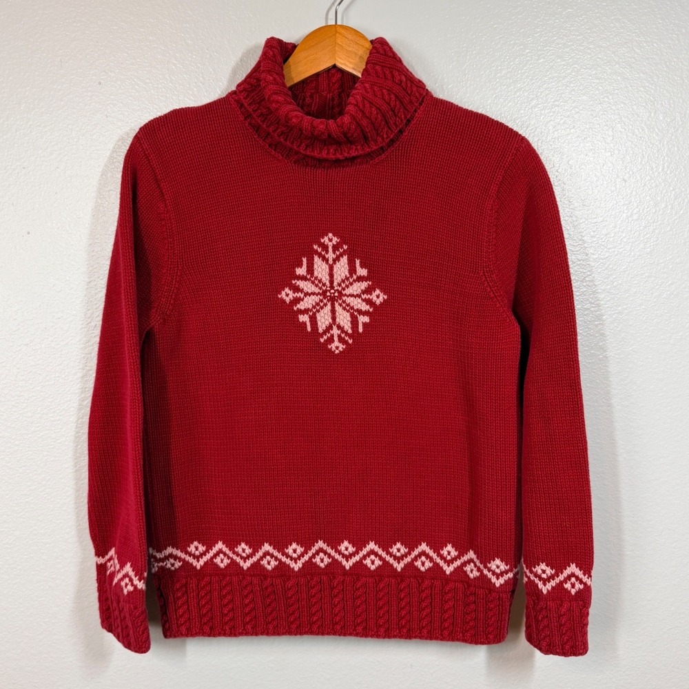 Lauren Ralph Lauren Sweater Women Red‎ Snowflake Hand Knit Turtleneck Cable Trim